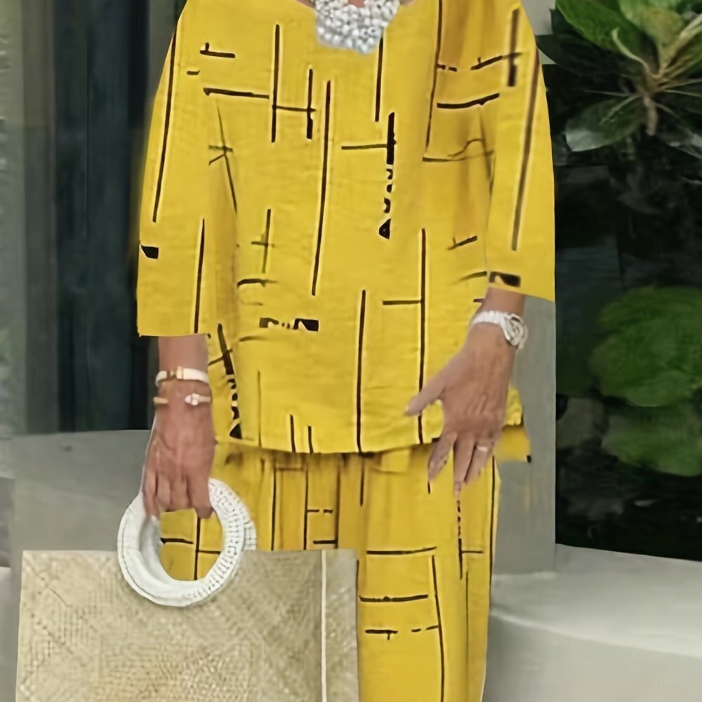 Yellow Abstract Print 2-Piece Resort Set Wide Leg Pants Women's Vacation Outfit
